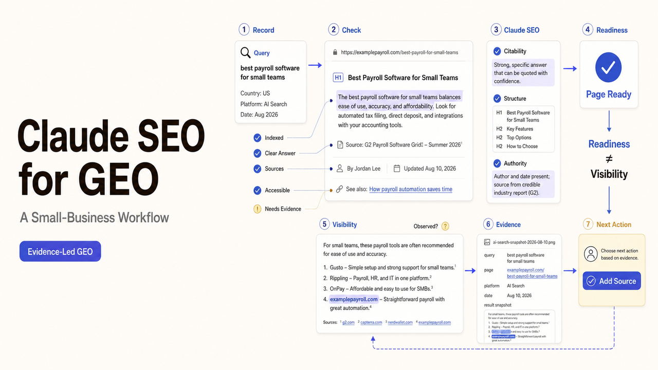 Flowchart illustrating the Claude SEO GEO workflow for small businesses, from query recording to evidence-led visibility.