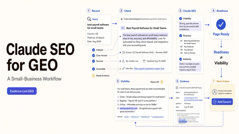 Flowchart illustrating the Claude SEO GEO workflow for small businesses, from query recording to evidence-led visibility.