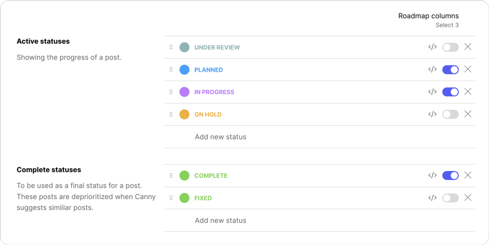 User interface allowing users to configure active and complete roadmap statuses in popular customer feedback tools.