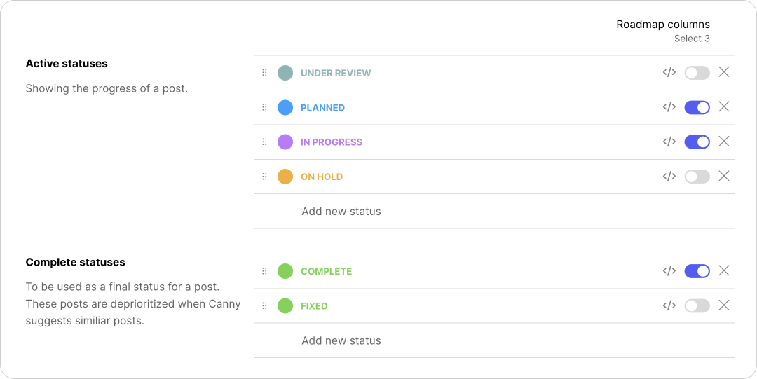 User interface allowing users to configure active and complete roadmap statuses in popular customer feedback tools.