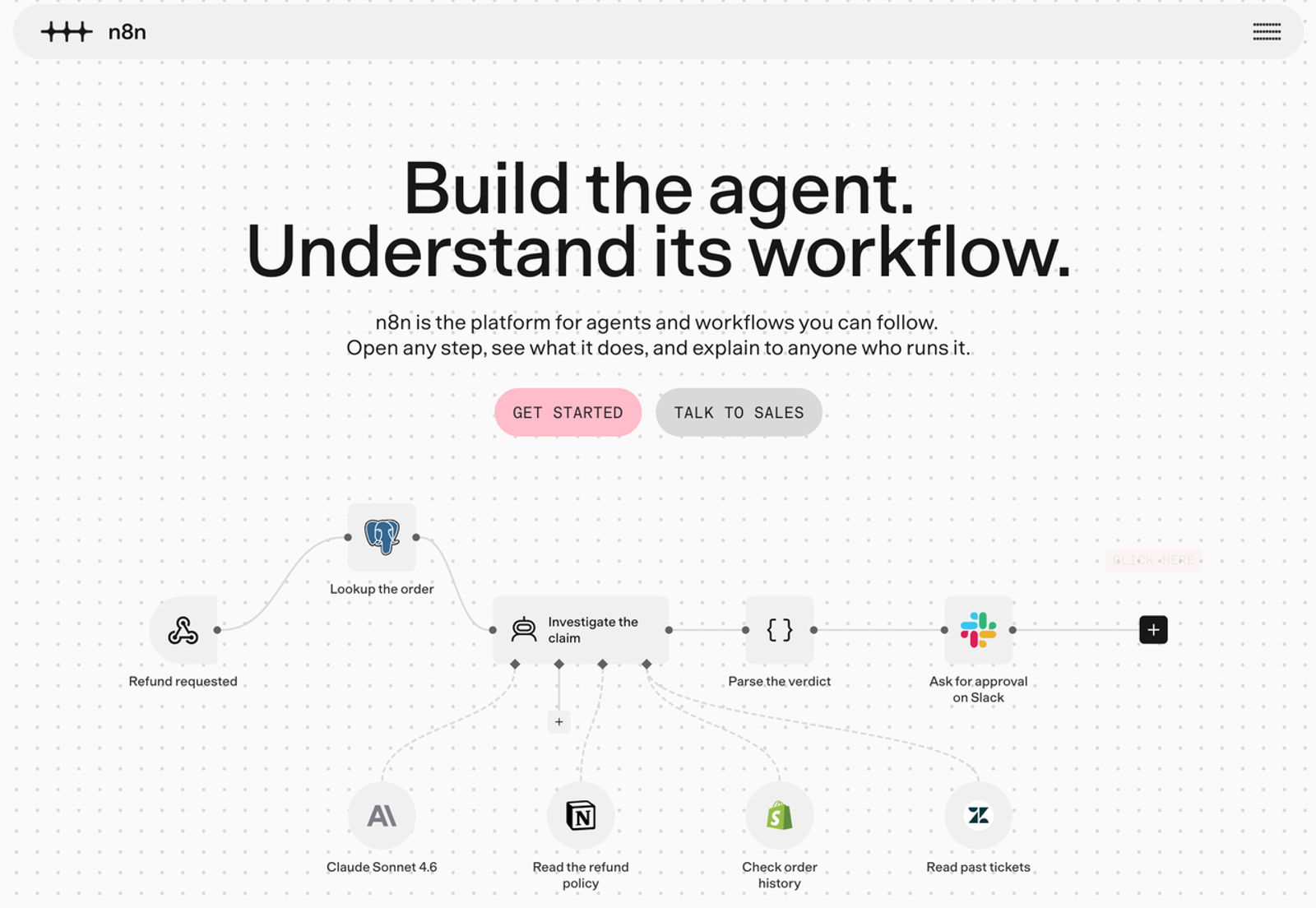 n8n landing page showing visual AI agent workflow builder, one of the top openclaw alternatives for developers.