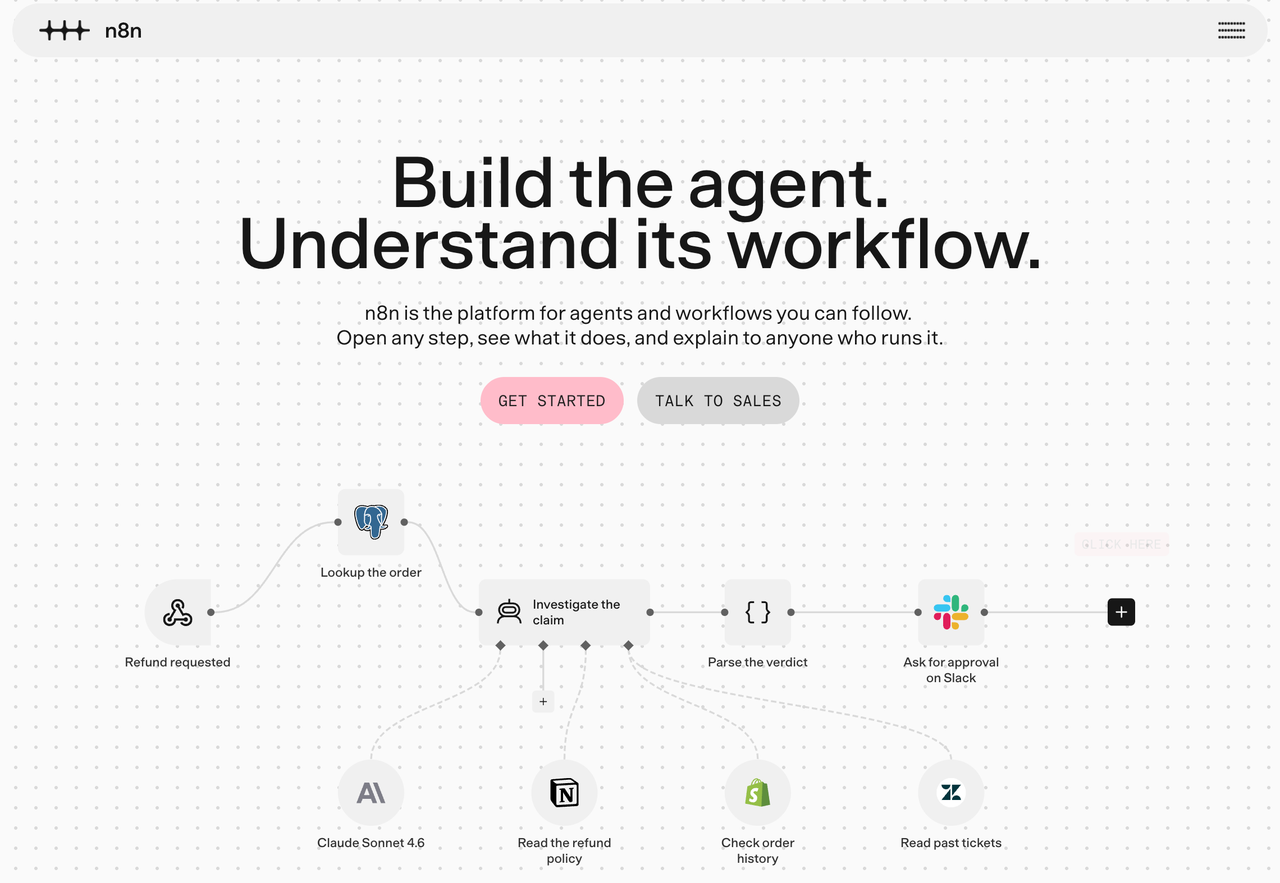 n8n landing page showing visual AI agent workflow builder, one of the top openclaw alternatives for developers.
