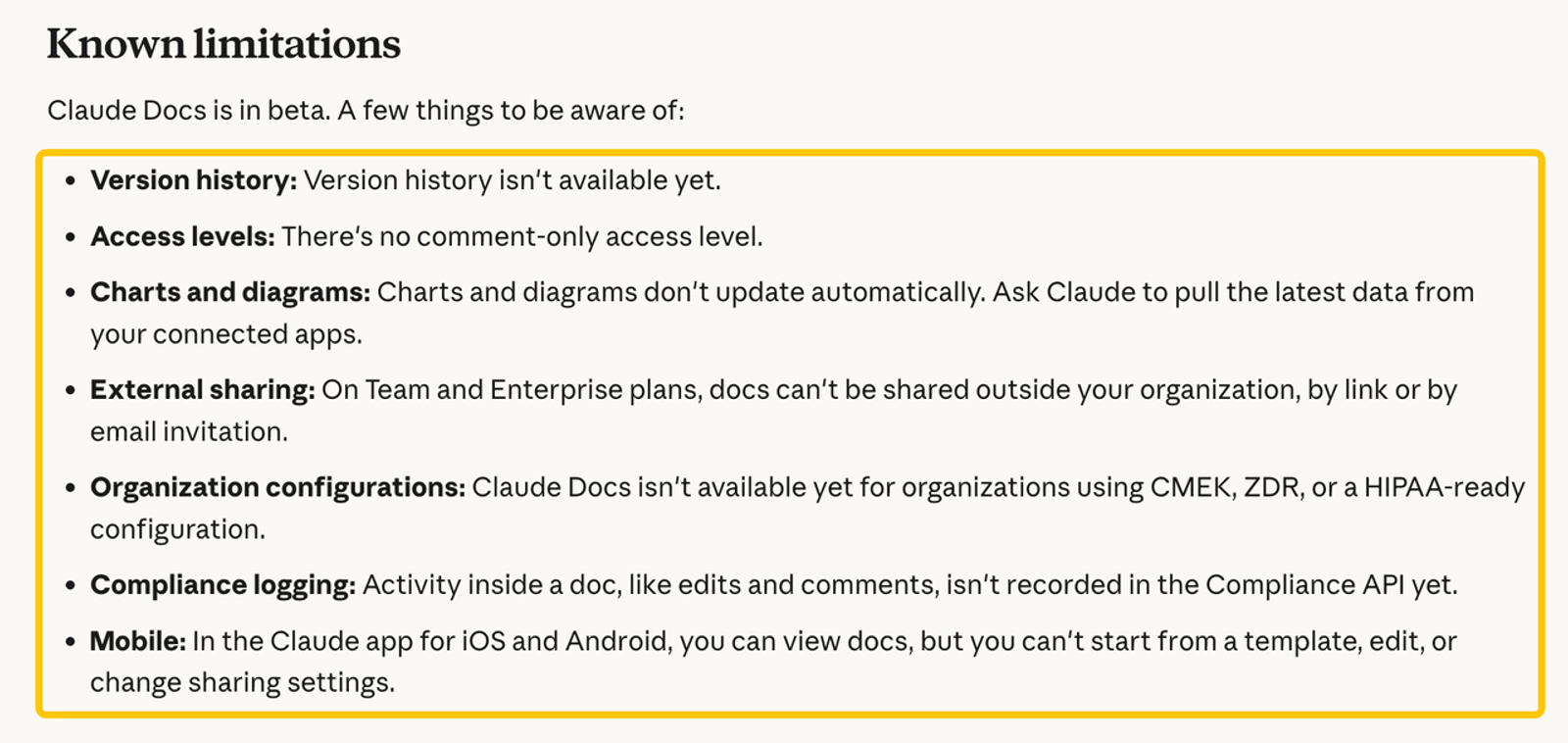 Review the current beta limitations and missing features associated with the new anthropic claude docs launch update.