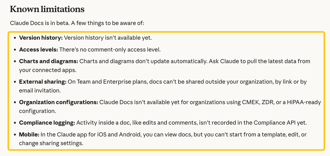 Review the current beta limitations and missing features associated with the new anthropic claude docs launch update.
