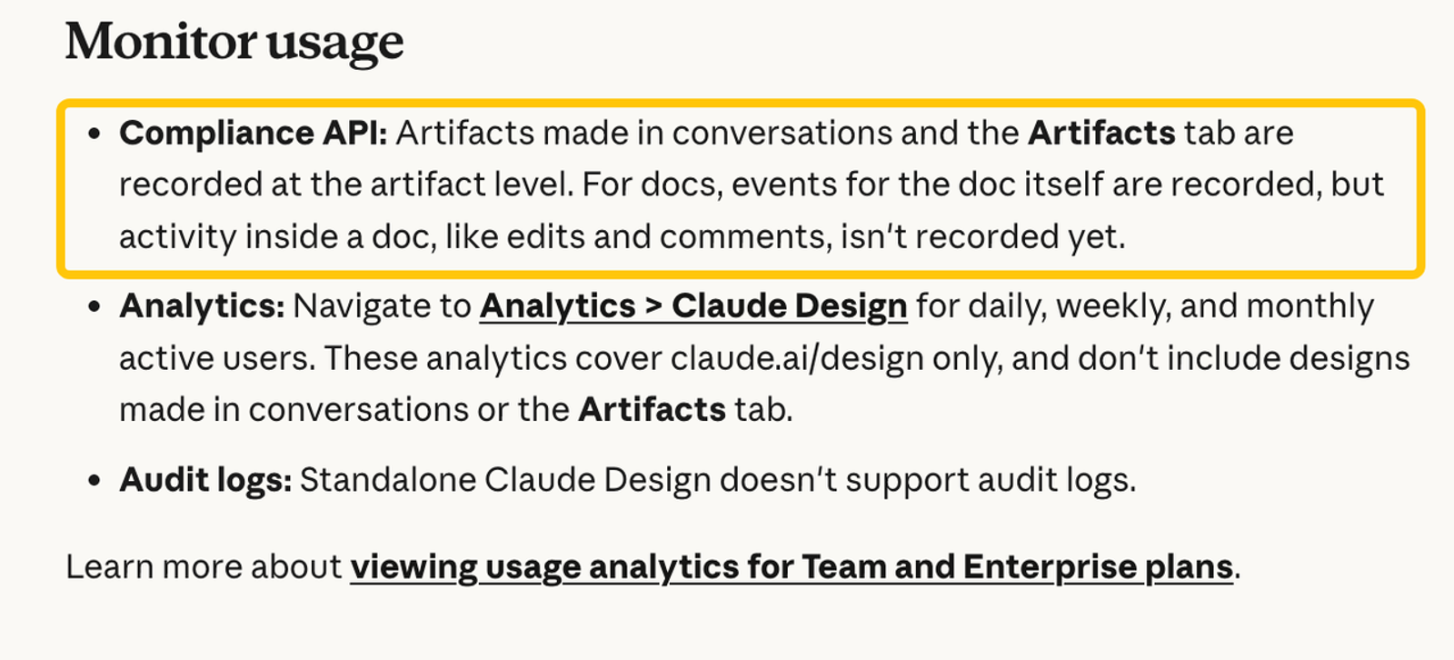  During a claude slides review, read the monitor usage documentation detailing Compliance API and artifact tracking.