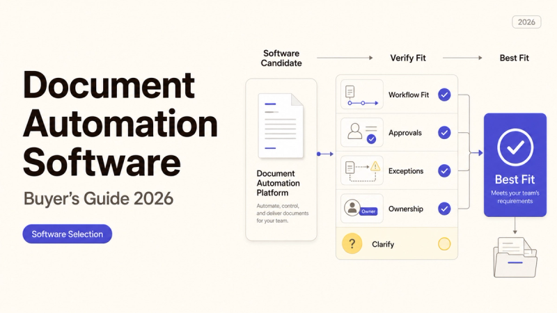2026 buyer's guide diagram for document automation software showing workflow fit, approvals, and ownership verification.