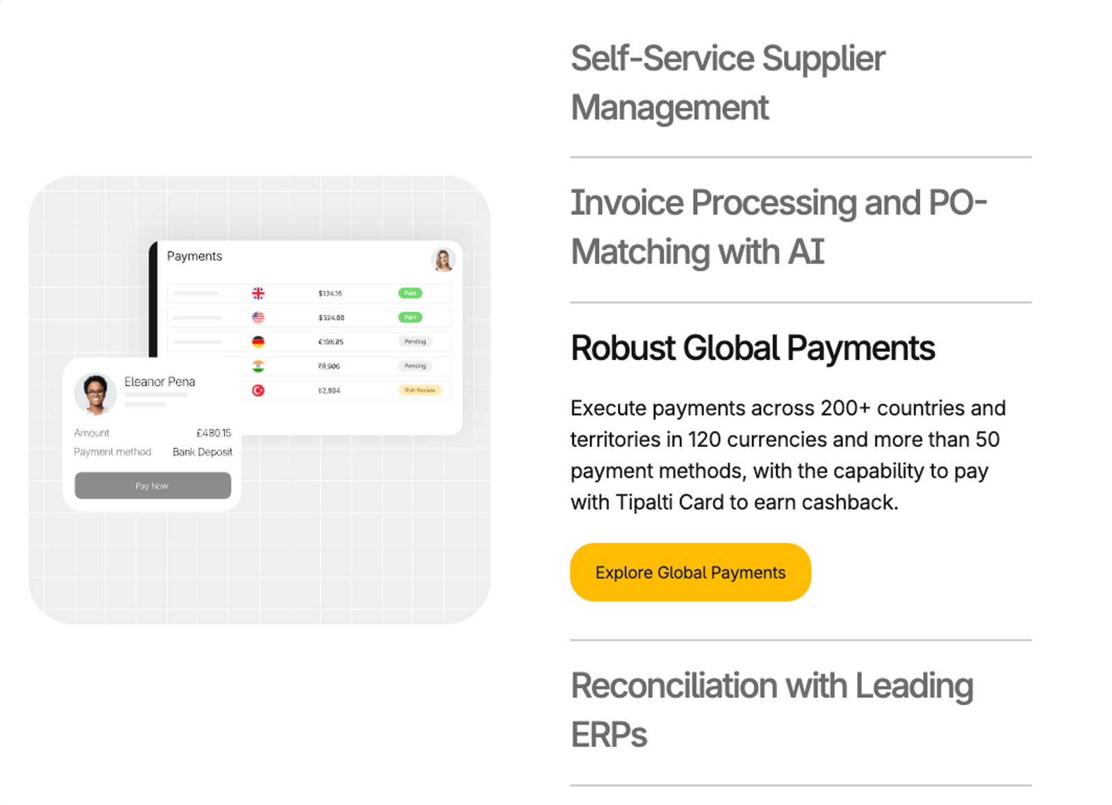 Tipalti AP automation software features including AI invoice processing and global payment solutions.