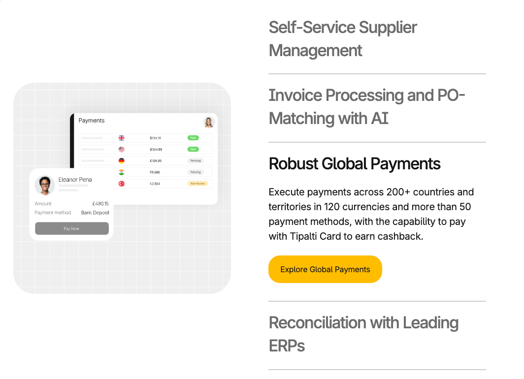 Tipalti AP automation software features including AI invoice processing and global payment solutions.