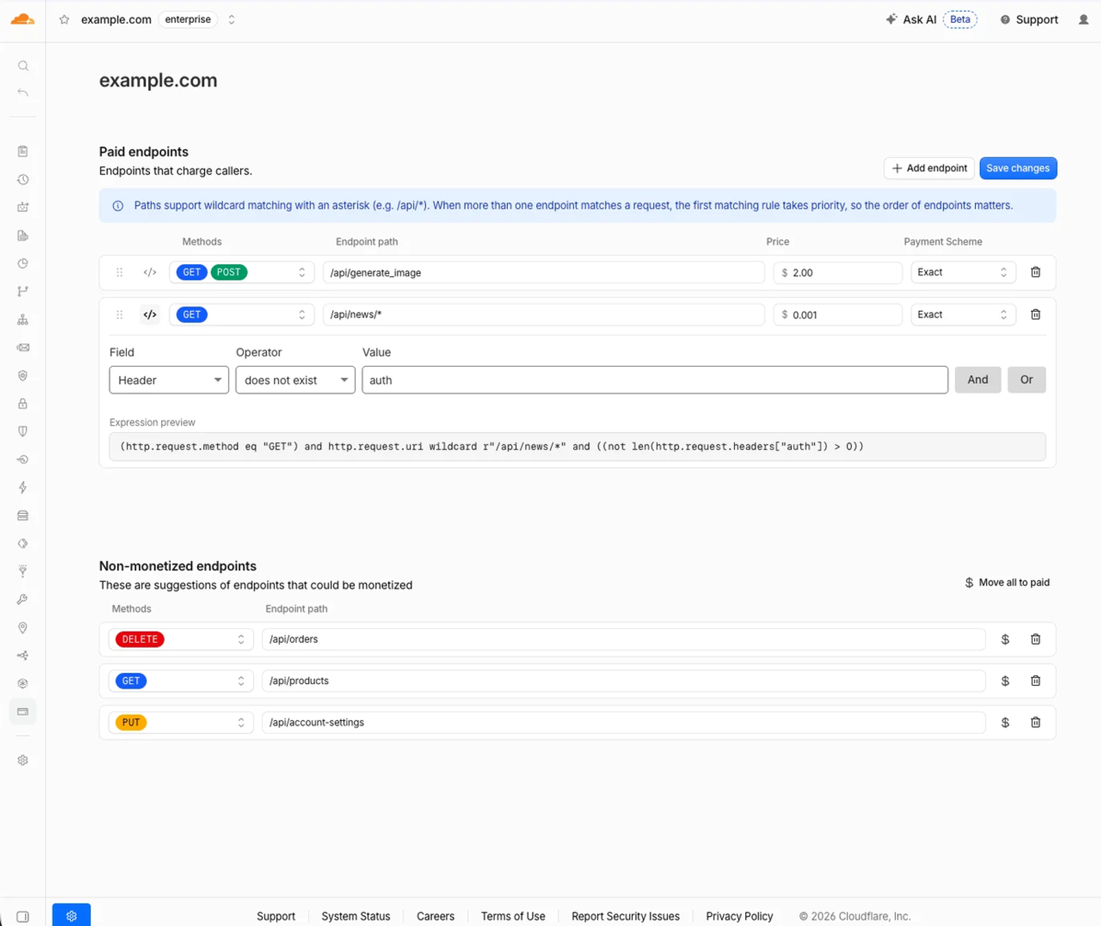 Dashboard interface for configuring paid API endpoints and monetization rules in the agent economy.