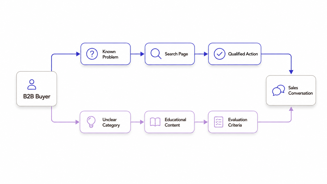 A B2B buyer journey map showing how professional B2B SEO services guide prospects from problem to sales conversation.