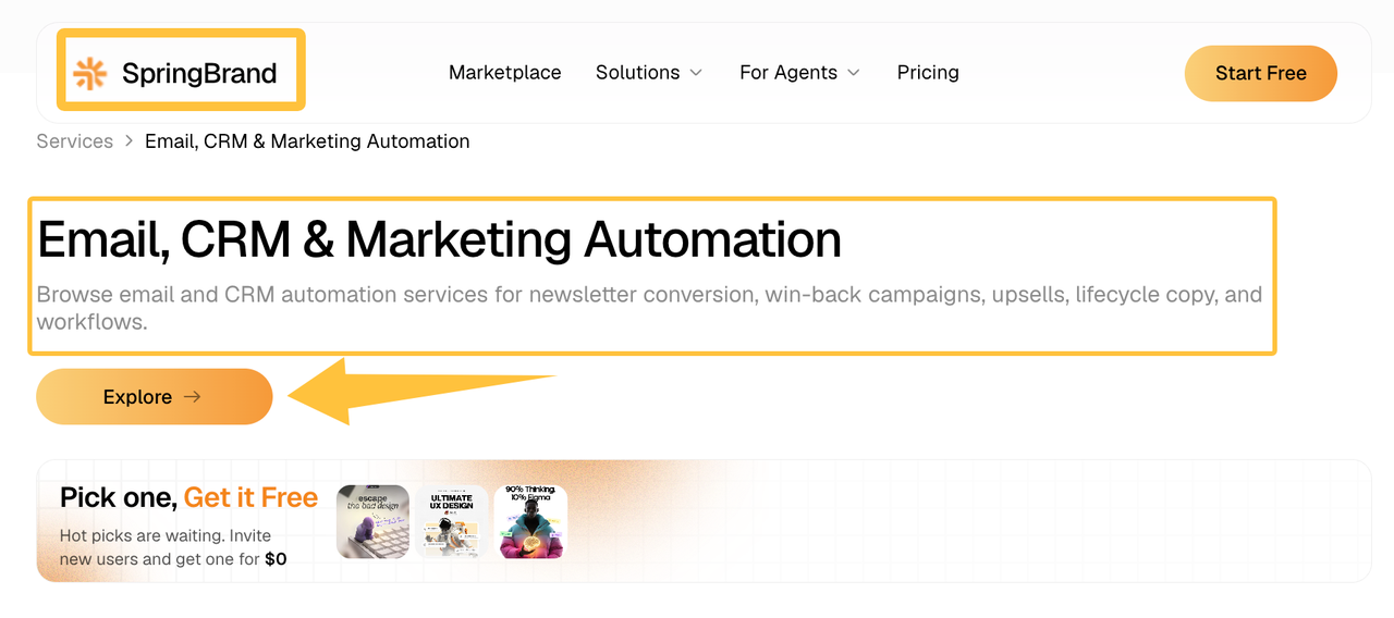 SpringBrand website section for email and CRM services to explore solutions and compare marketing automation pricing.