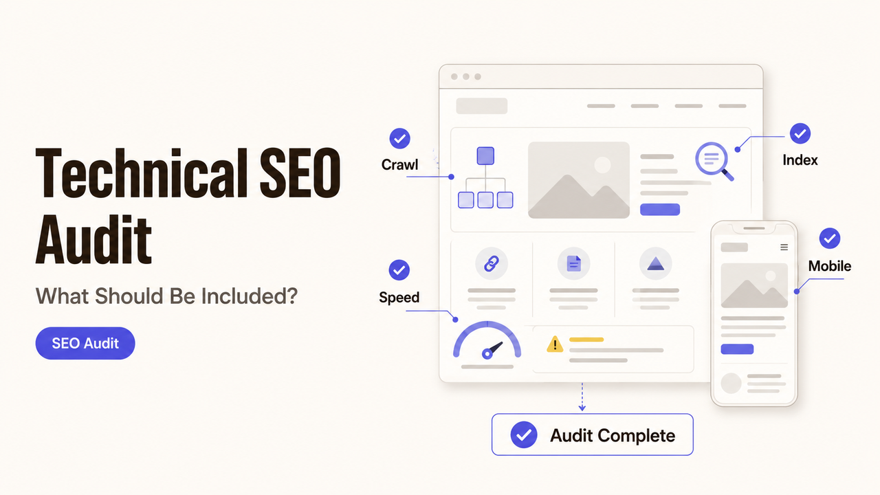 Illustration showing Technical SEO Audit Service components: Crawl, Speed, Index, Mobile.