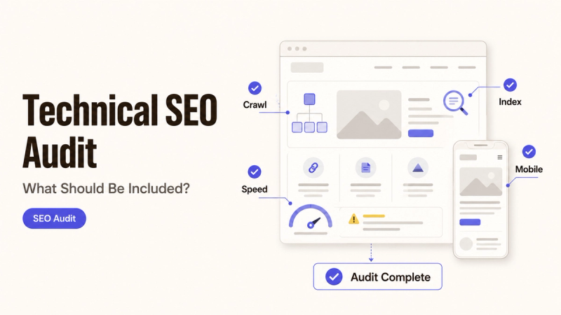 Illustration showing Technical SEO Audit Service components: Crawl, Speed, Index, Mobile.