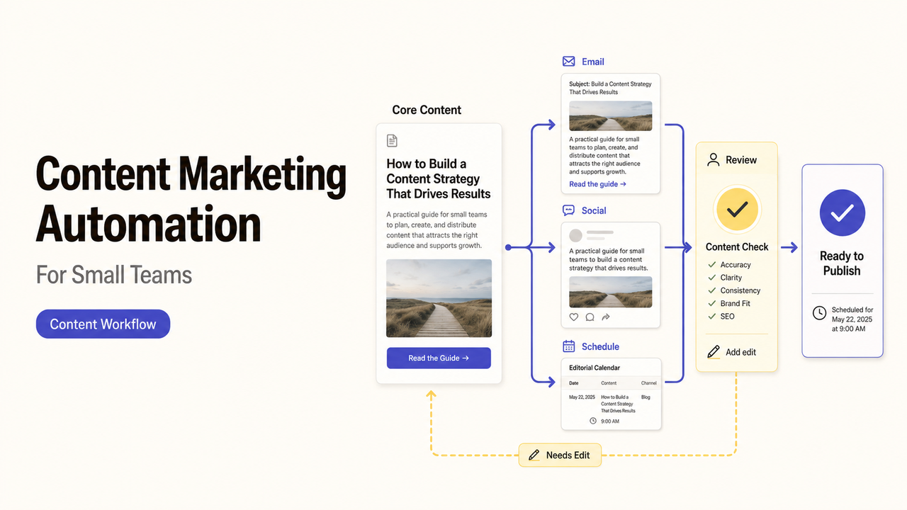 A visual guide to content marketing automation for small teams showing core content distribution to email and social media.