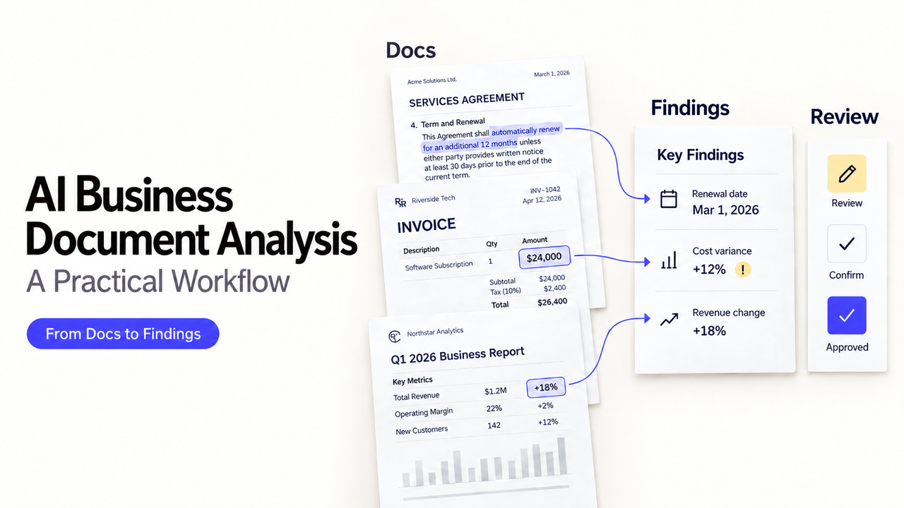 Visual guide showing a practical workflow for ai business documents analysis, from documents to key findings and review.