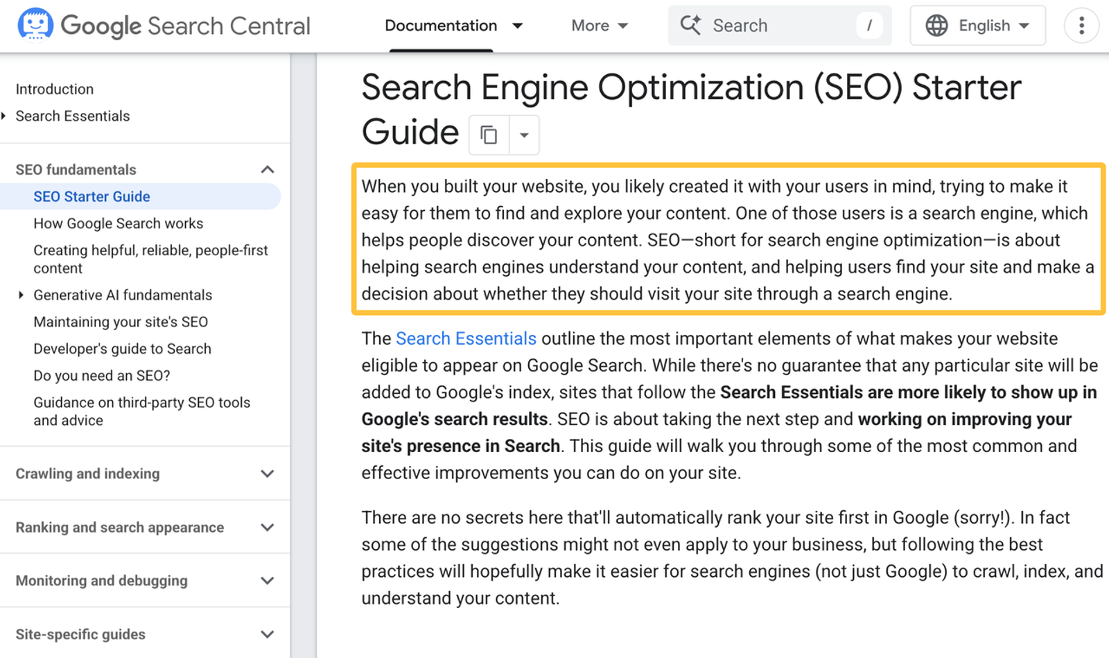 Screenshot of Google Search Central Starter Guide, illustrating best practices that form the basis of B2B SEO services.