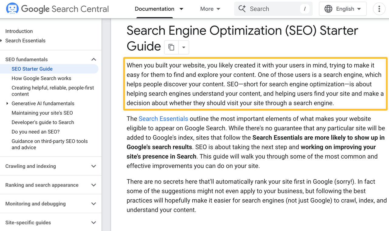 Screenshot of Google Search Central Starter Guide, illustrating best practices that form the basis of B2B SEO services.