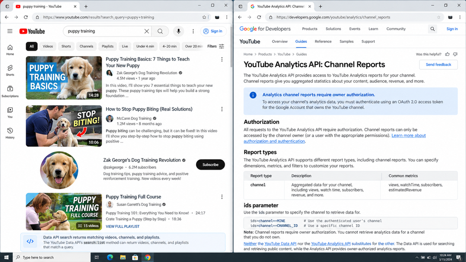 YouTube analytics documentation explaining authorization required for a social media monitoring api.