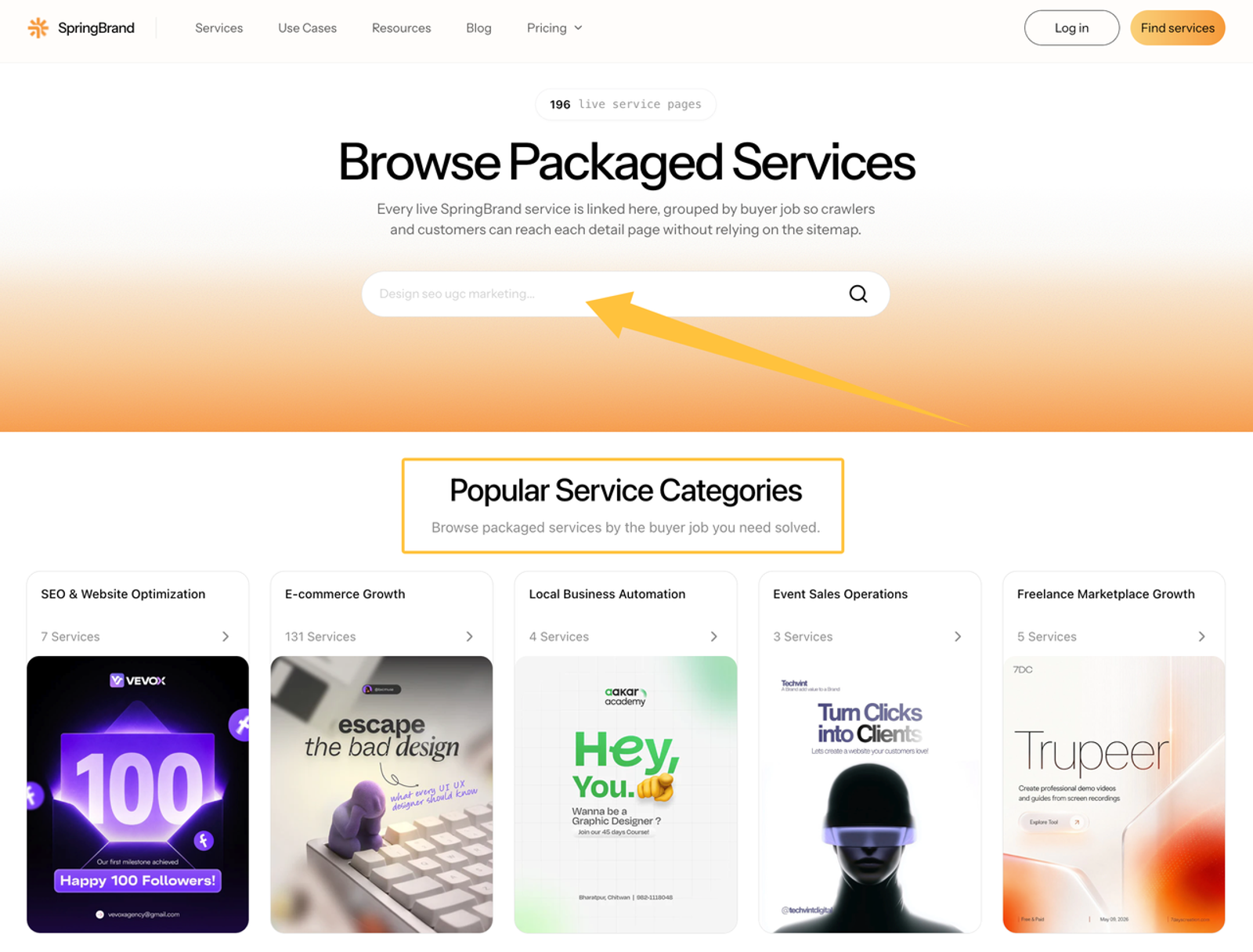 A screenshot of a service marketplace website with a prominent search bar and service category cards displayed.
