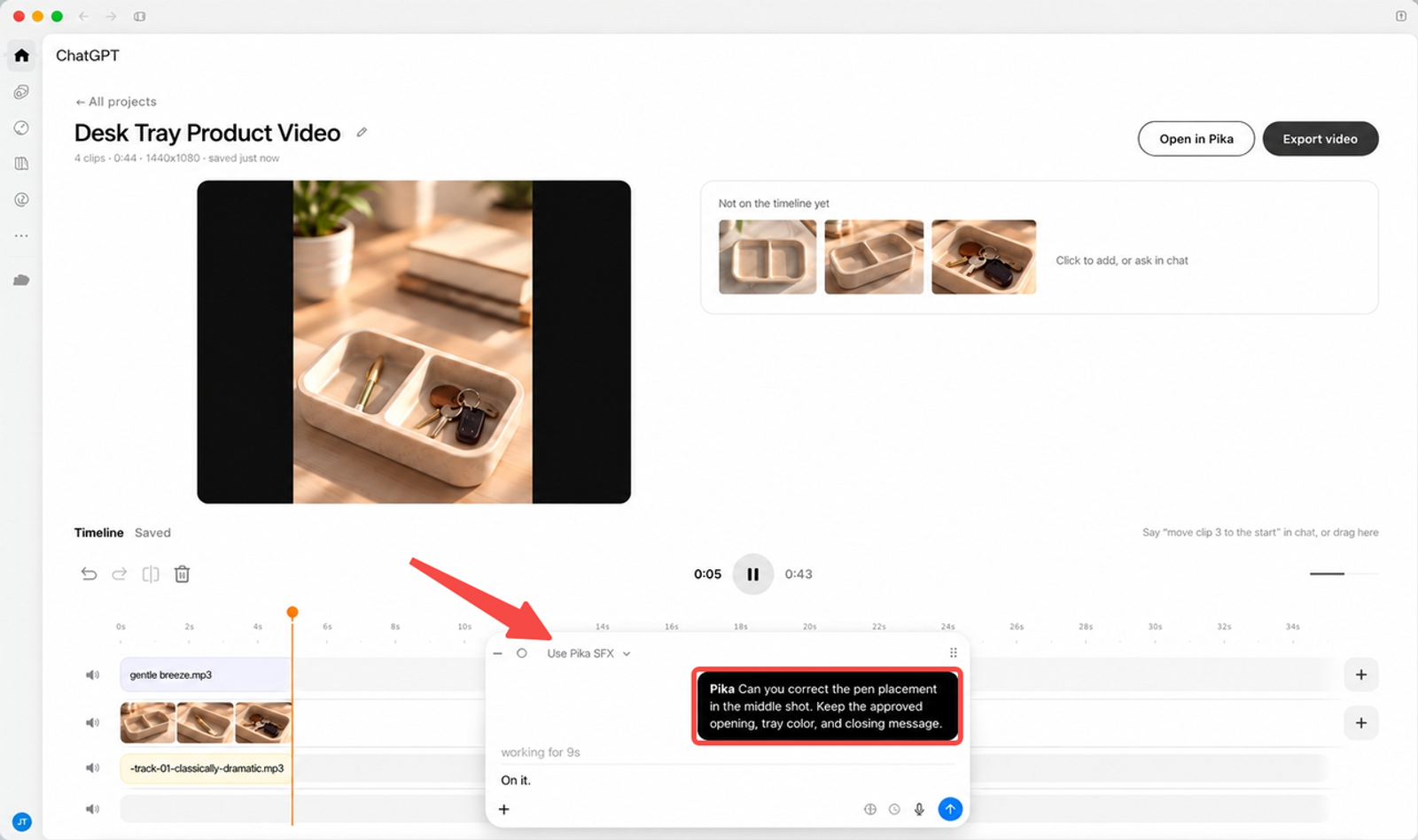 Refine video timelines and adjust clip details using a chat-based pika chatgpt campaign workflow interface.