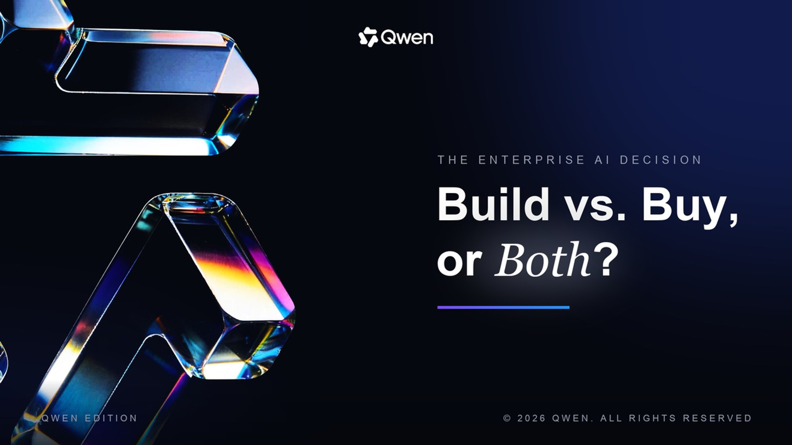 Qwen presentation slide discussing the strategic enterprise AI decision of whether to build, buy, or both.
