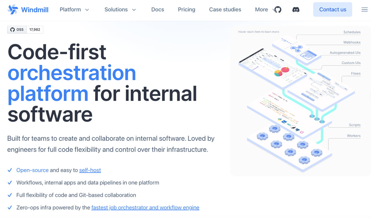 Windmill homepage showcasing code-first orchestration tools for developer teams comparing n8n alternatives.