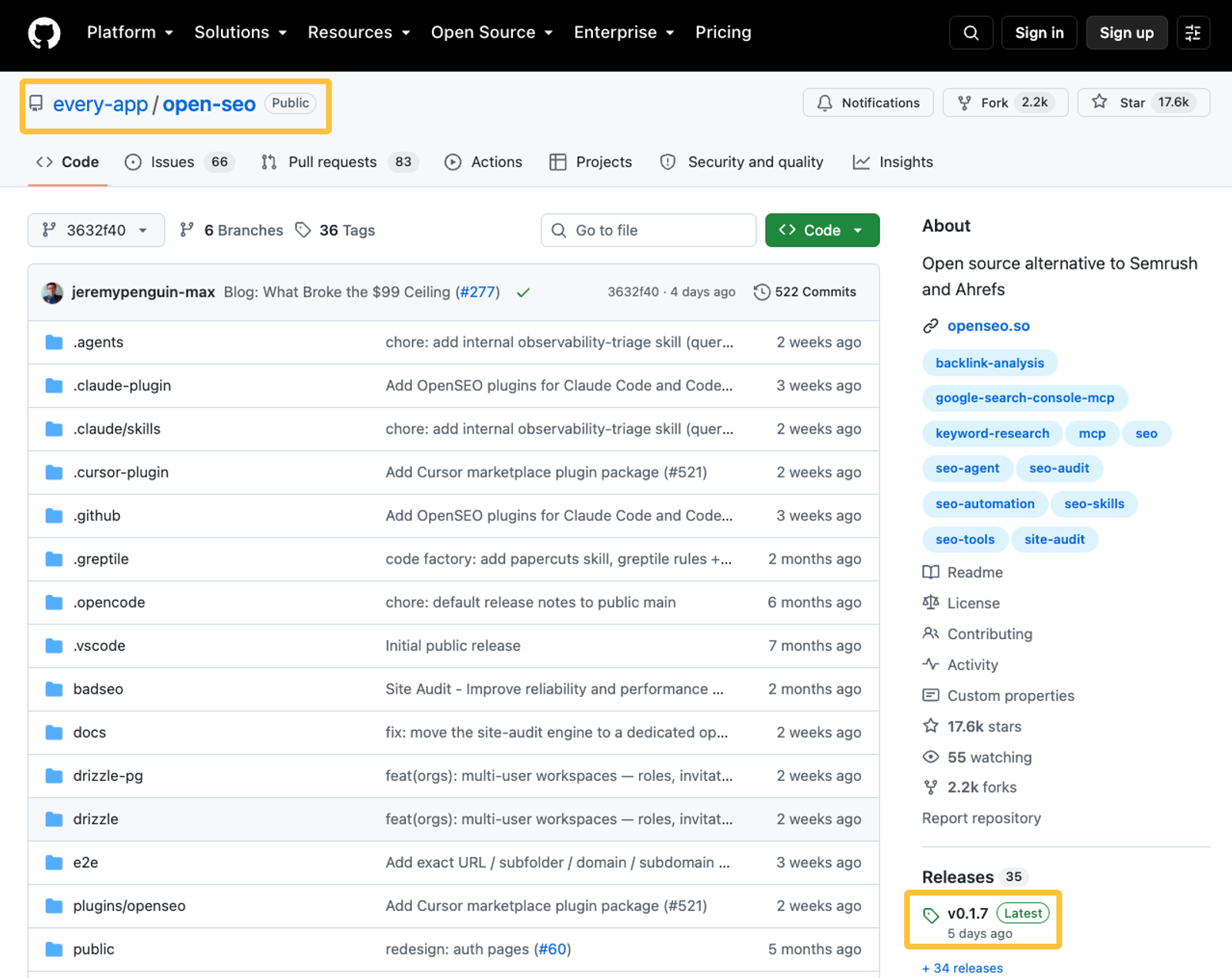 GitHub page for OpenSEO, an open-source SEO tool, detailing its codebase, issue tracking, and version 0.1.7 release.