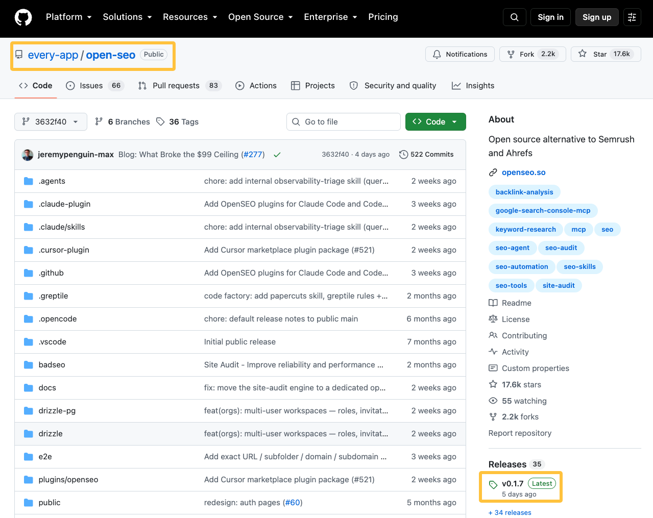 GitHub page for OpenSEO, an open-source SEO tool, detailing its codebase, issue tracking, and version 0.1.7 release.