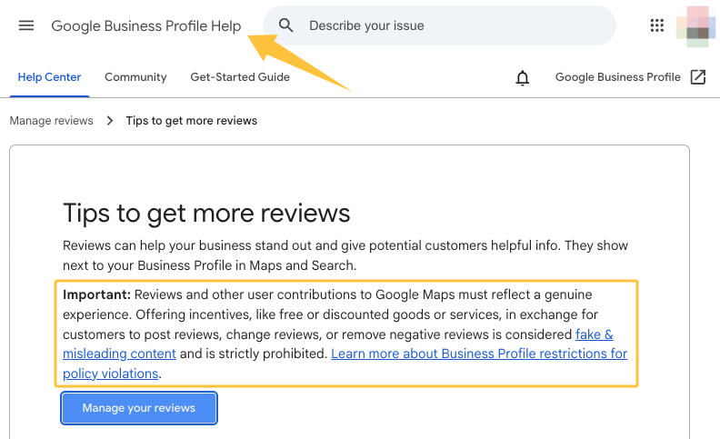 A help article warning against incentivized reviews on a Google Business Profile, emphasizing compliant practice in google business profile optimization services.