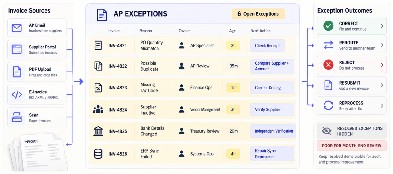An ap-automation-software dashboard displaying open exceptions, owners, and resolution paths for smoother month-end closes.