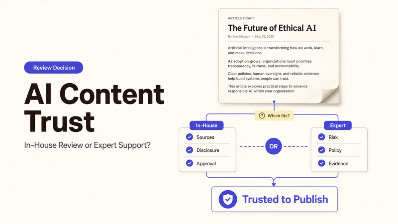 A flowchart showing how AI content trust is achieved through in-house or expert review for ethical publishing.