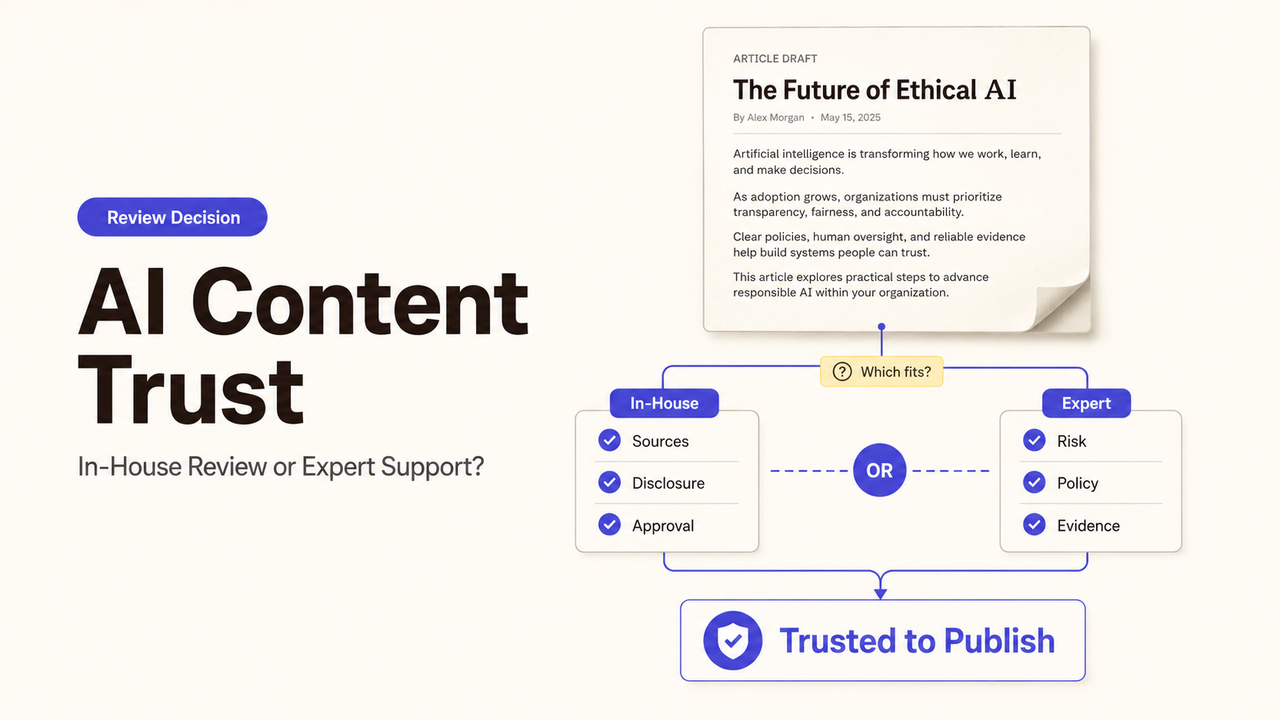 A flowchart showing how AI content trust is achieved through in-house or expert review for ethical publishing.