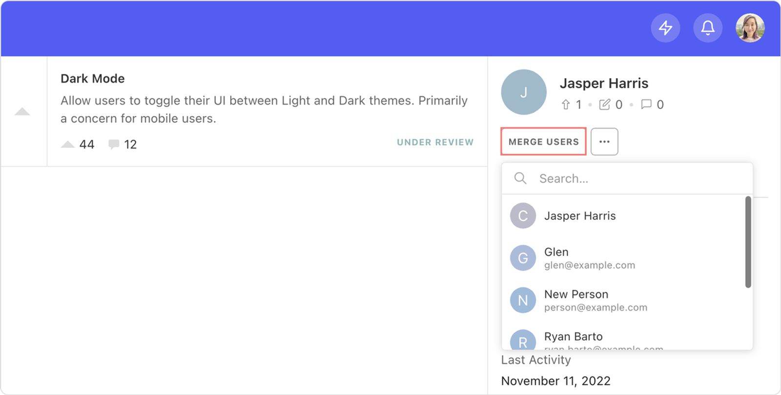 Interface highlighting the 'Merge Users' function to consolidate data in advanced customer feedback tools.