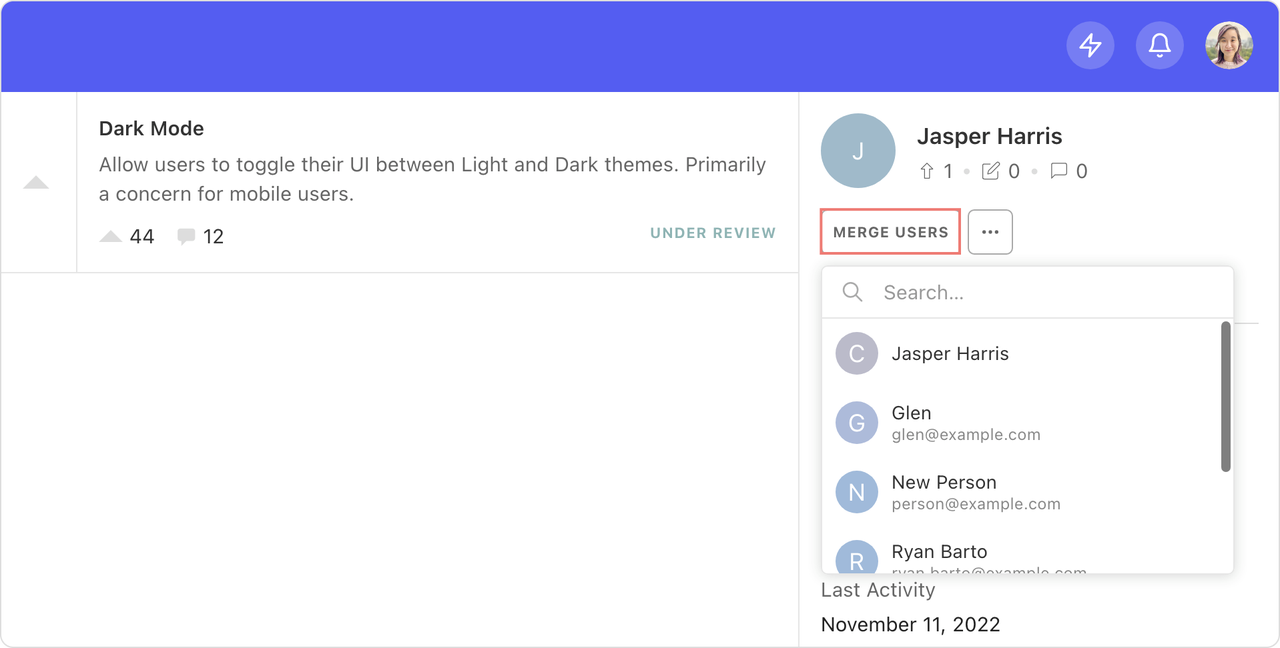 Interface highlighting the 'Merge Users' function to consolidate data in advanced customer feedback tools.