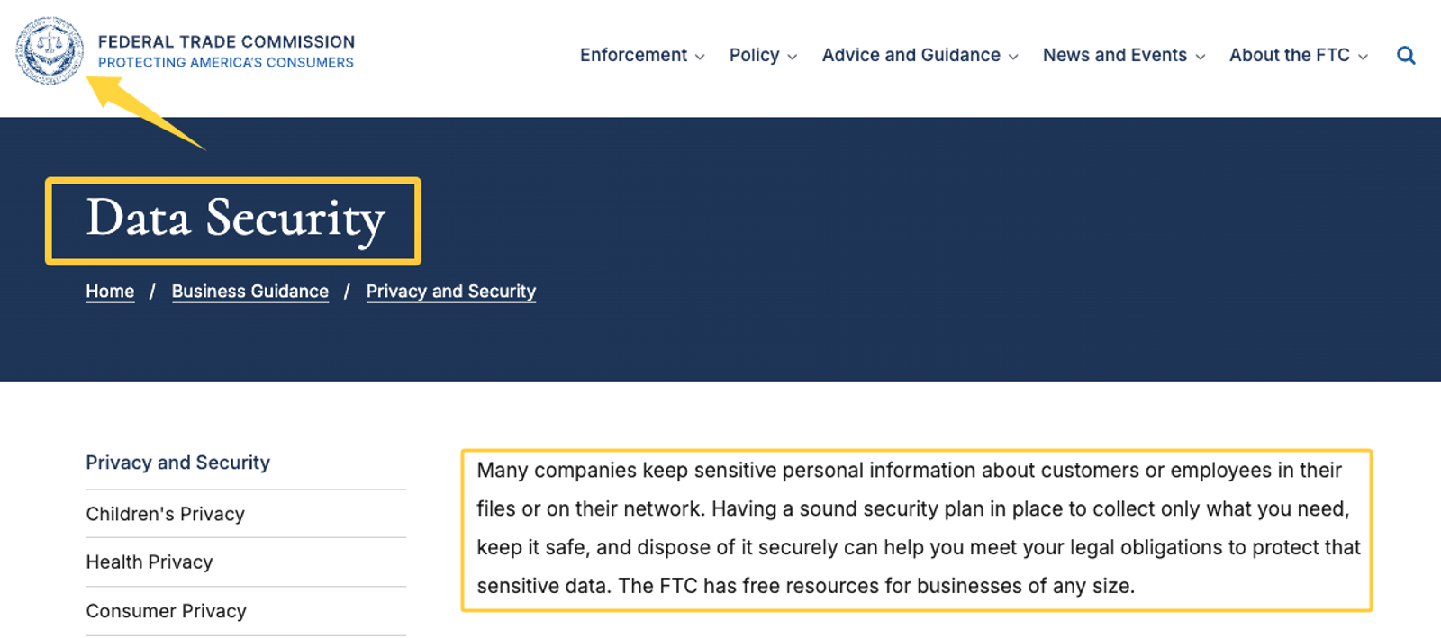FTC data security guidance page, an important privacy resource when building ChatGPT Sites for small business operations.