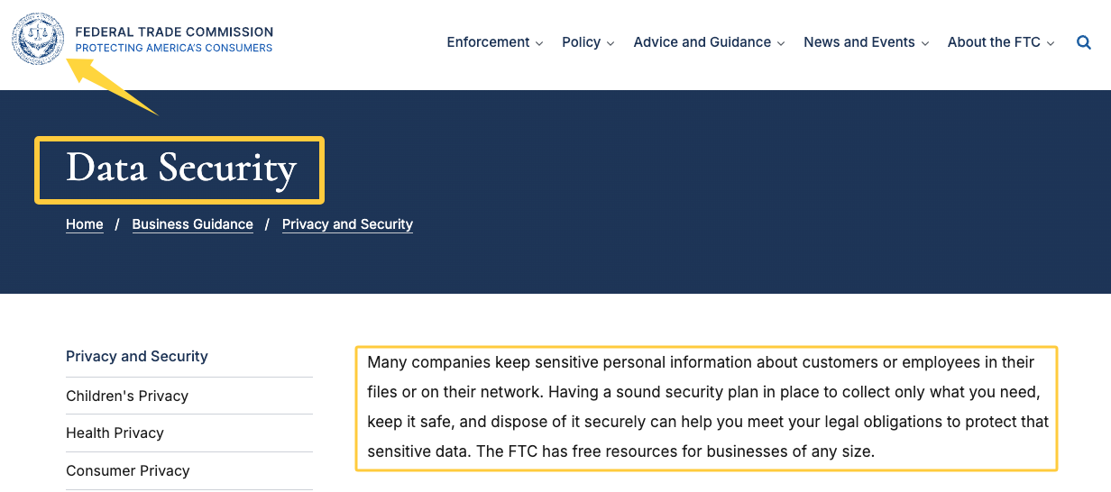 FTC data security guidance page, an important privacy resource when building ChatGPT Sites for small business operations.