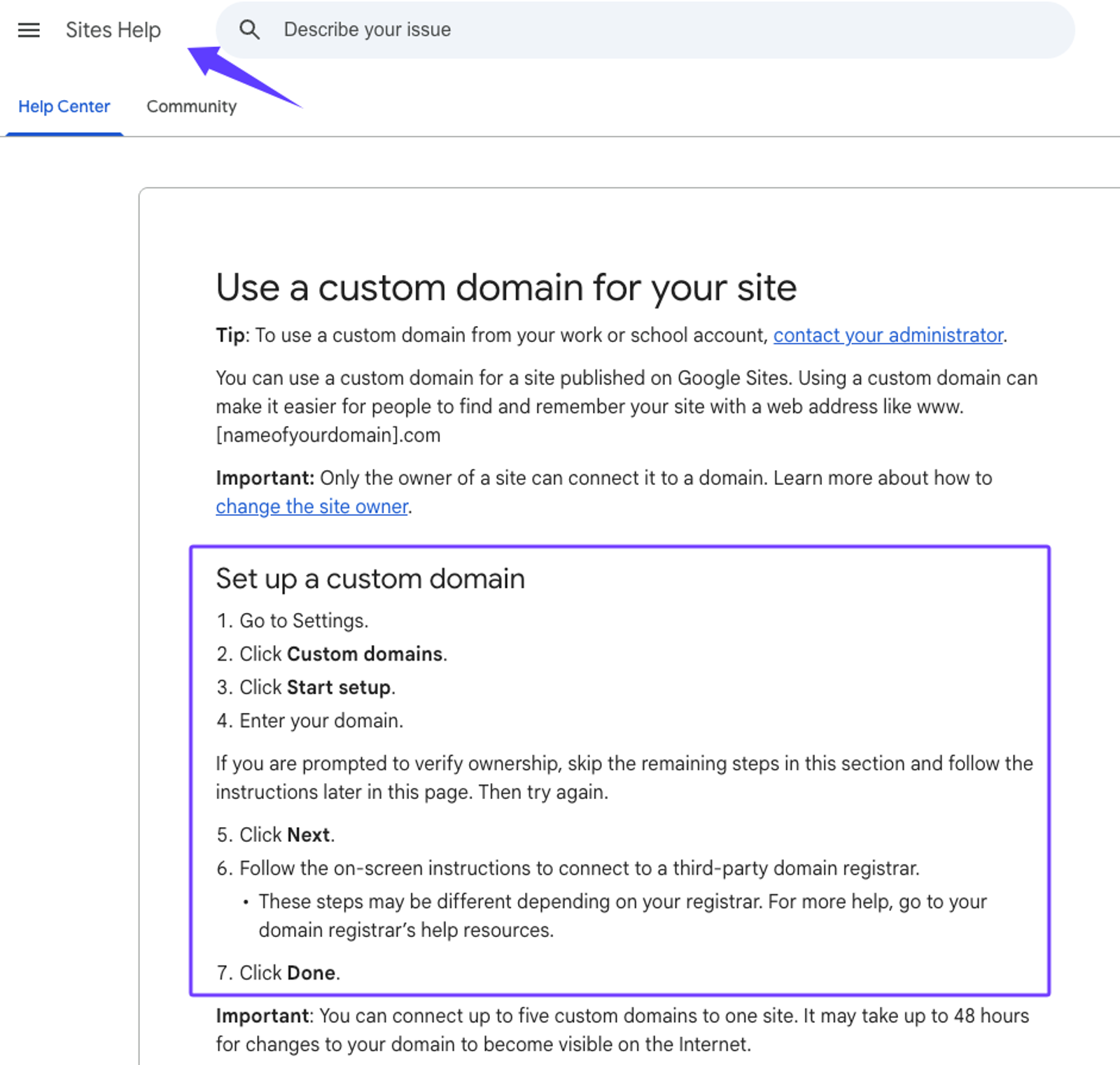 A Google Sites Help page detailing steps to "Use a custom domain for your site."