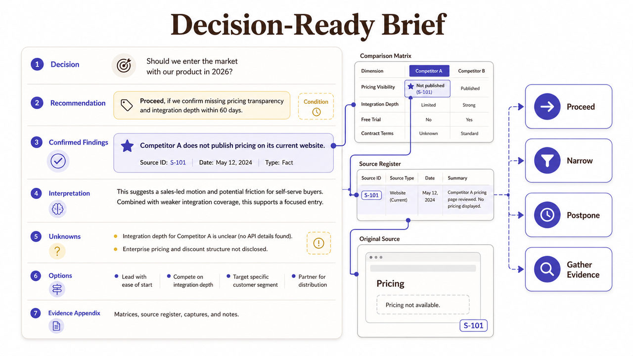 Example of a decision-ready brief generated using the Claude Code market research recipe, tracking options and evidence.