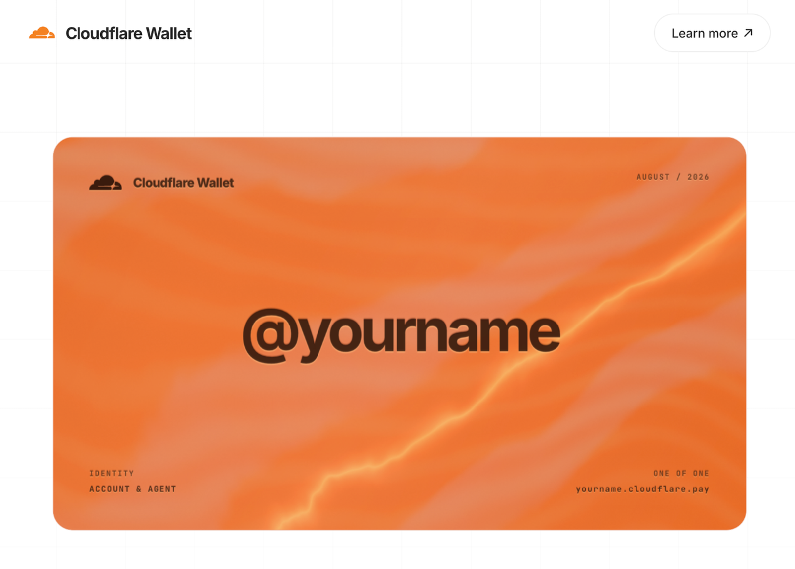 Close-up of a dynamic orange Cloudflare Agent Wallet identity card featuring a customizable user handle and payment address.