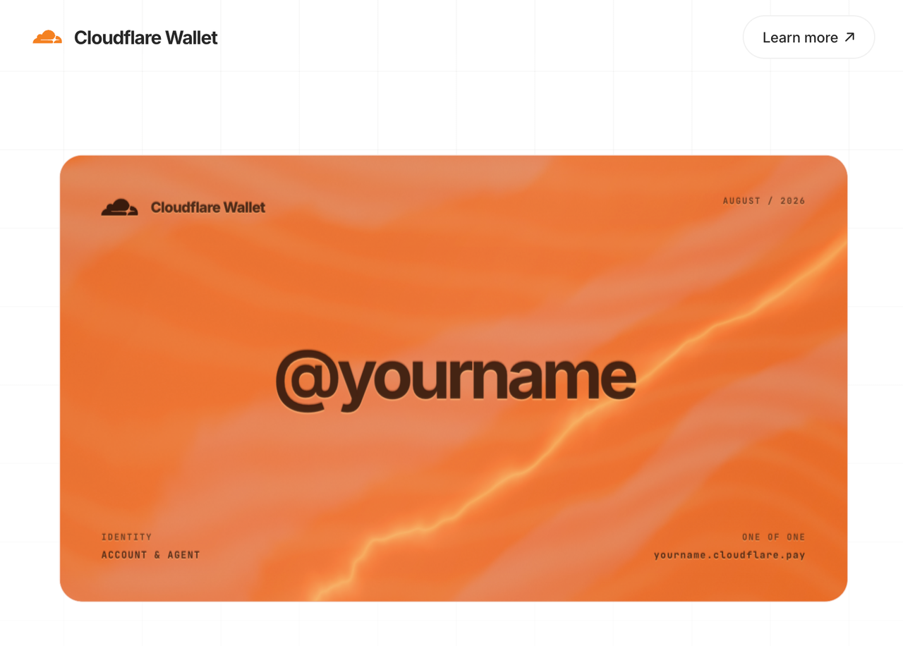Close-up of a dynamic orange Cloudflare Agent Wallet identity card featuring a customizable user handle and payment address.