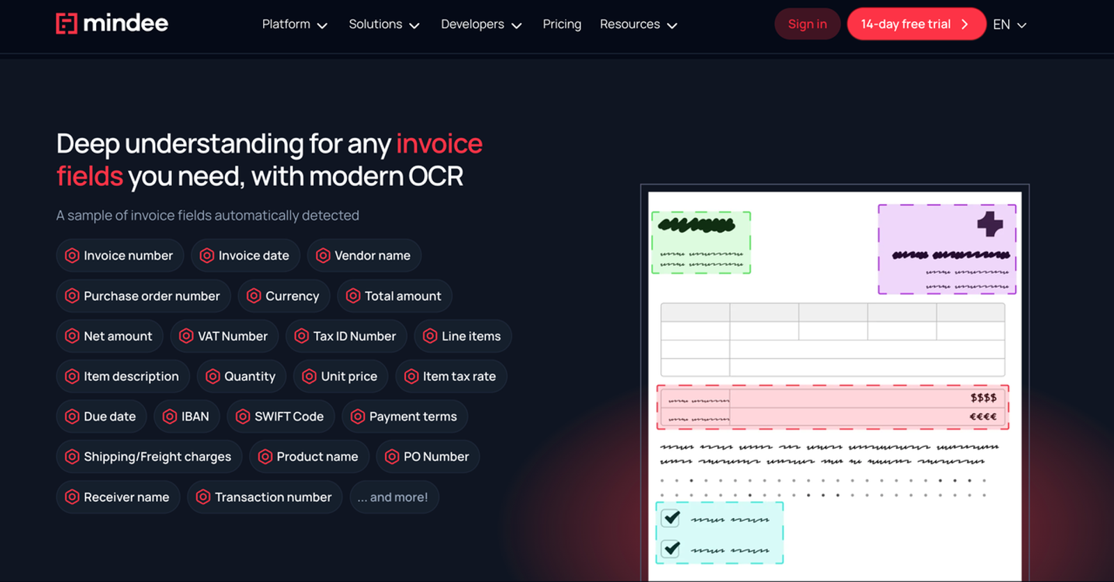 Mindee demonstrates modern OCR capabilities within its invoice data extraction software for custom data fields.