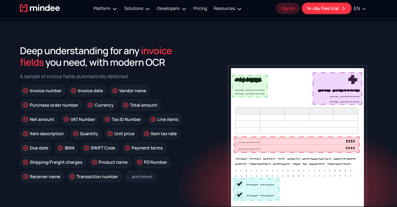 Mindee demonstrates modern OCR capabilities within its invoice data extraction software for custom data fields.