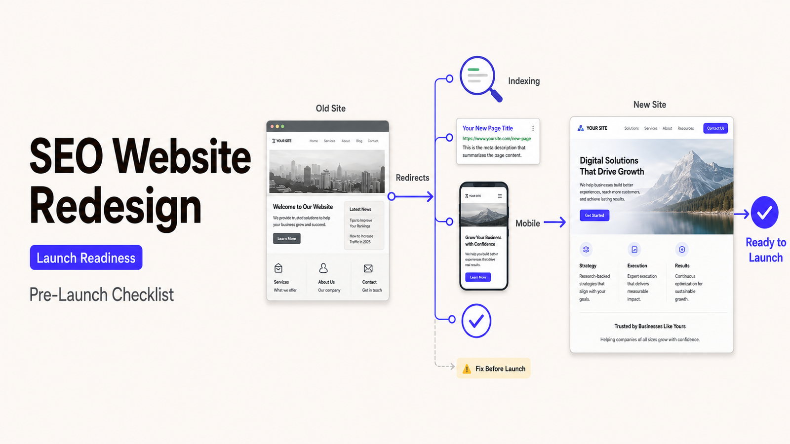 SEO website redesign process flowchart from old site to new, covering redirects, indexing, and mobile readiness.