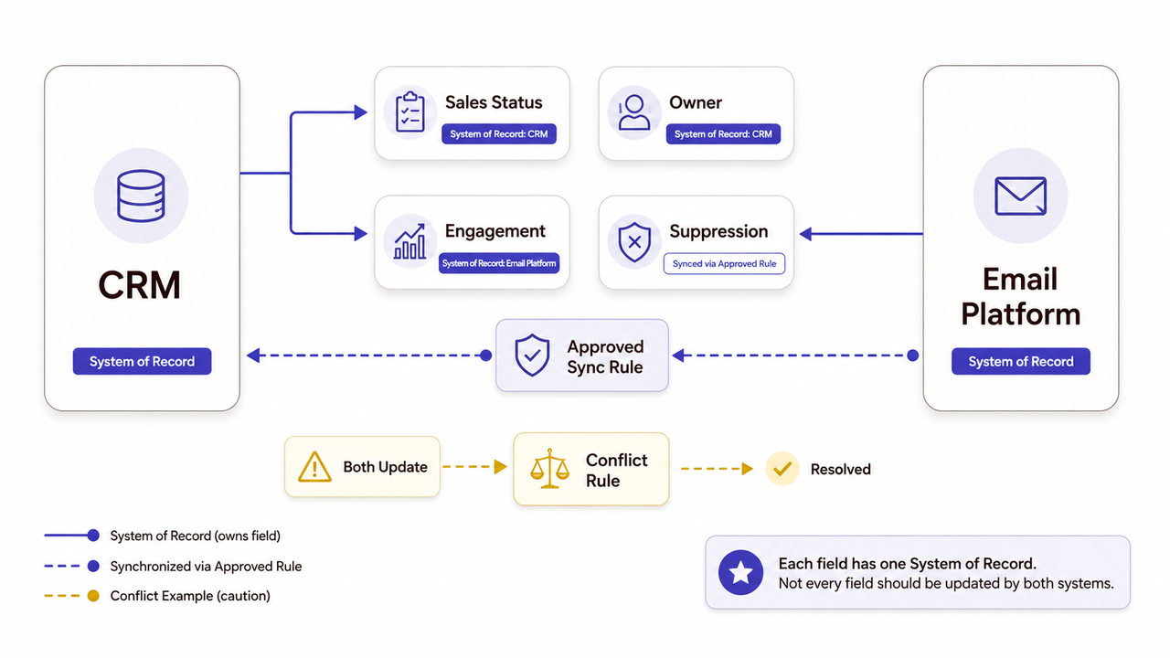 Marketing automation consulting guide on CRM and email platform data synchronization, conflict rules, and system of record.