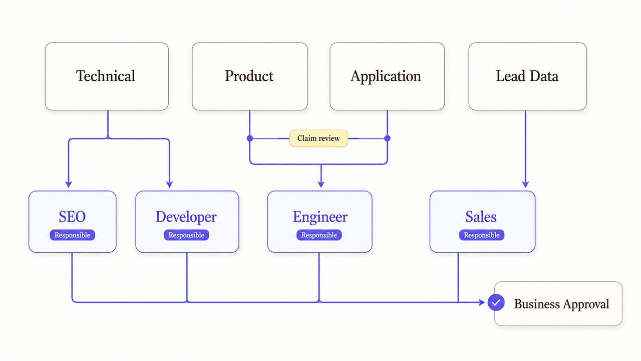 Diagram of the cross-functional team and approval process at a manufacturing seo agency.
