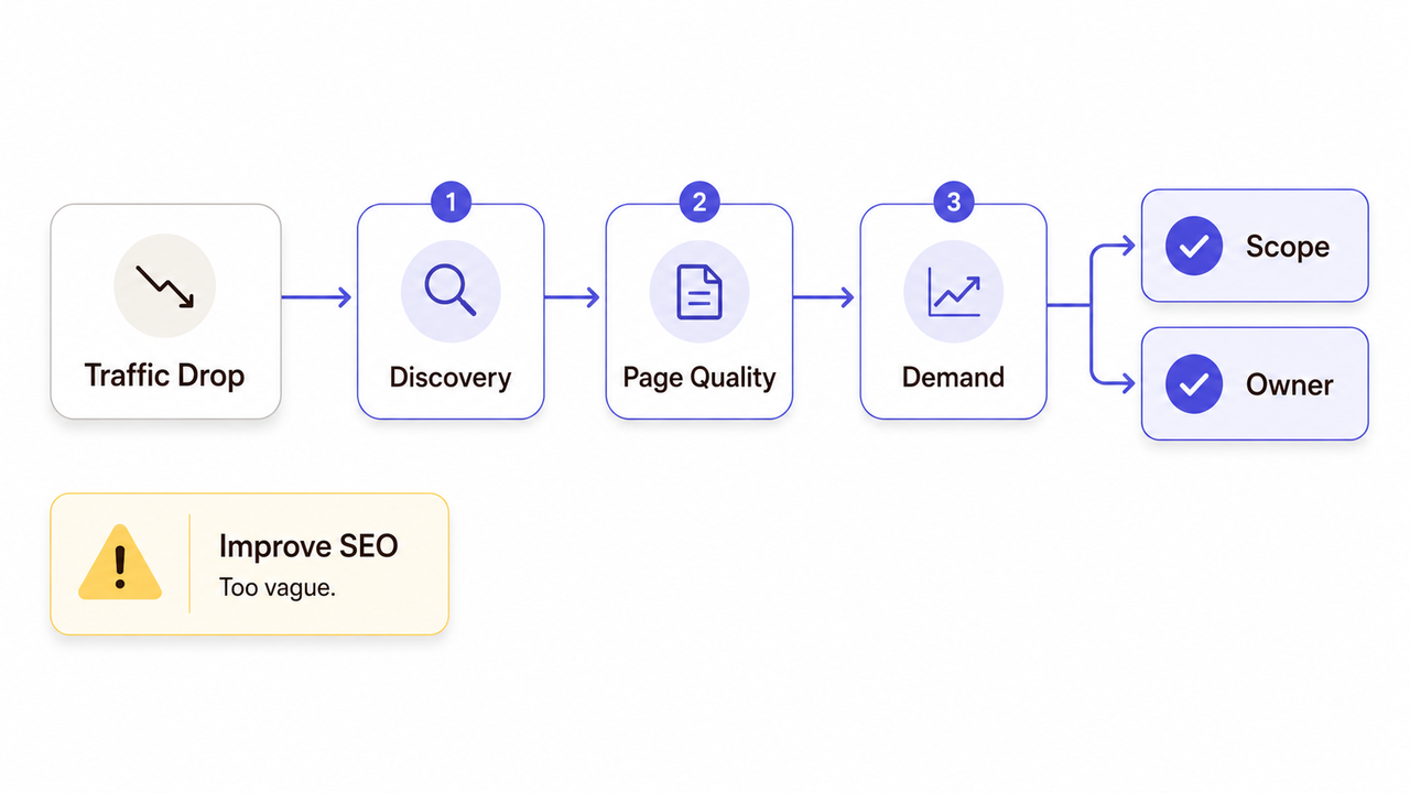 Shopify SEO experts use this workflow to analyze traffic drops, covering discovery, page quality, demand, and scope.