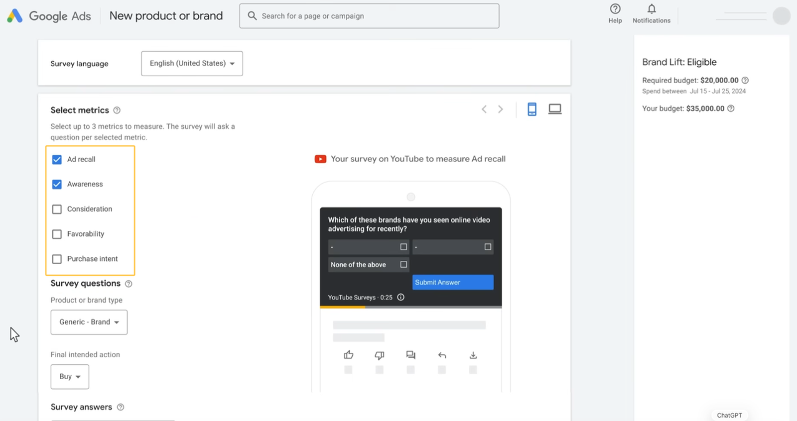 Google Ads survey setup for measuring ad recall and awareness, essential tools for tracking reach vs brand awareness success.