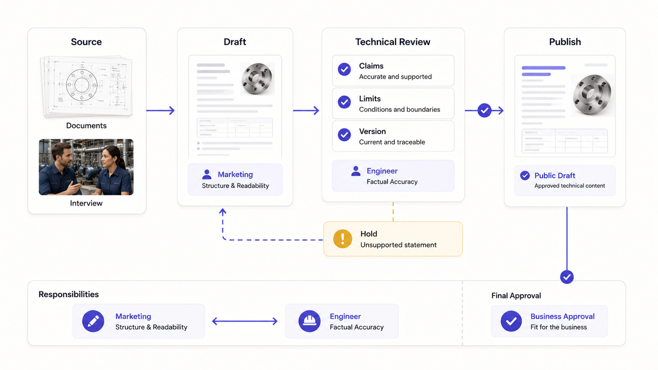 Workflow of the technical content creation and review process at a manufacturing seo agency.