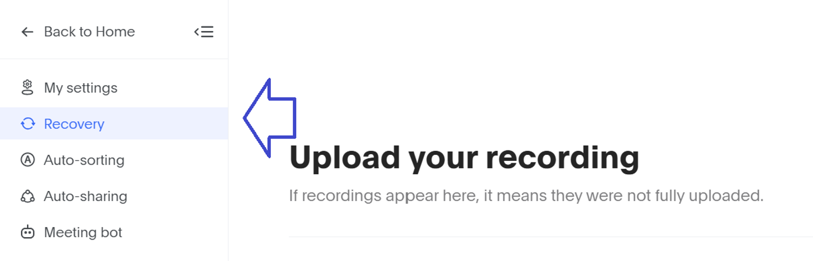 Bluedot AI user settings screen pointing to the recording recovery feature and upload interface.