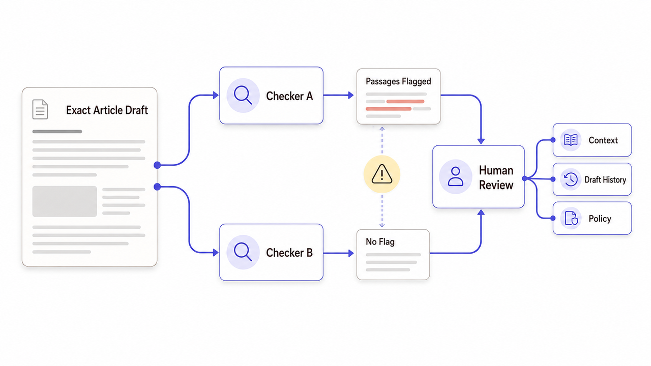 Flowchart detailing AI detector accuracy where multiple checkers flag passages, requiring human review and draft history.